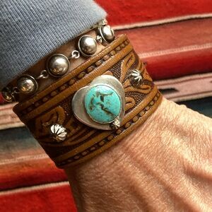 Leather/turquoise cuff, up to 6 1/4” wrist